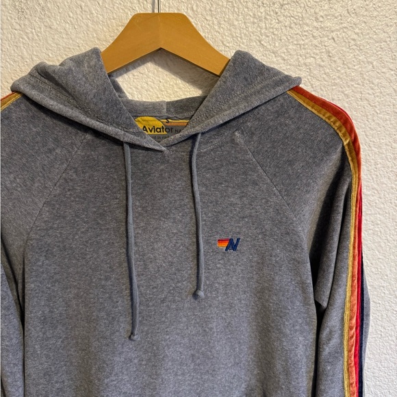 RARE Aviator Nation Velvet Rainbow 5 Stripe Drawstring Pullover Hoodie Gray S - Picture 2 of 6